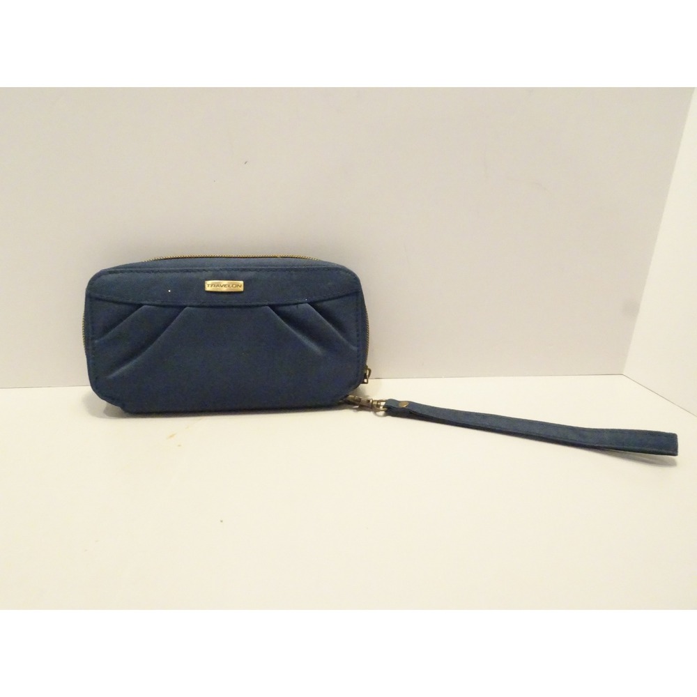 Travelon Blue RFID Blocking Zip Around Wristlet Wallet Pleated Nylon